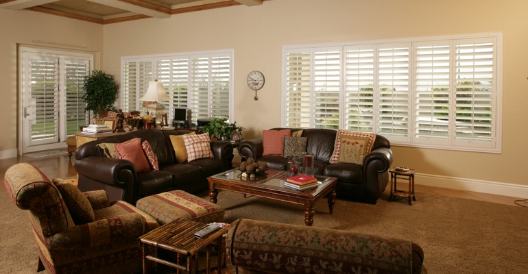 Salt Lake City family room with interior shutters.